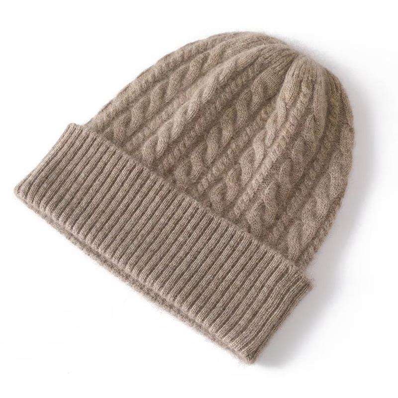 Cashmere Blend Thick Vintage Cable Beanies Women Solid Ribbed Hem Soft Knitted Cap Hat Woolen Autumn Winter Warm Skull Caps