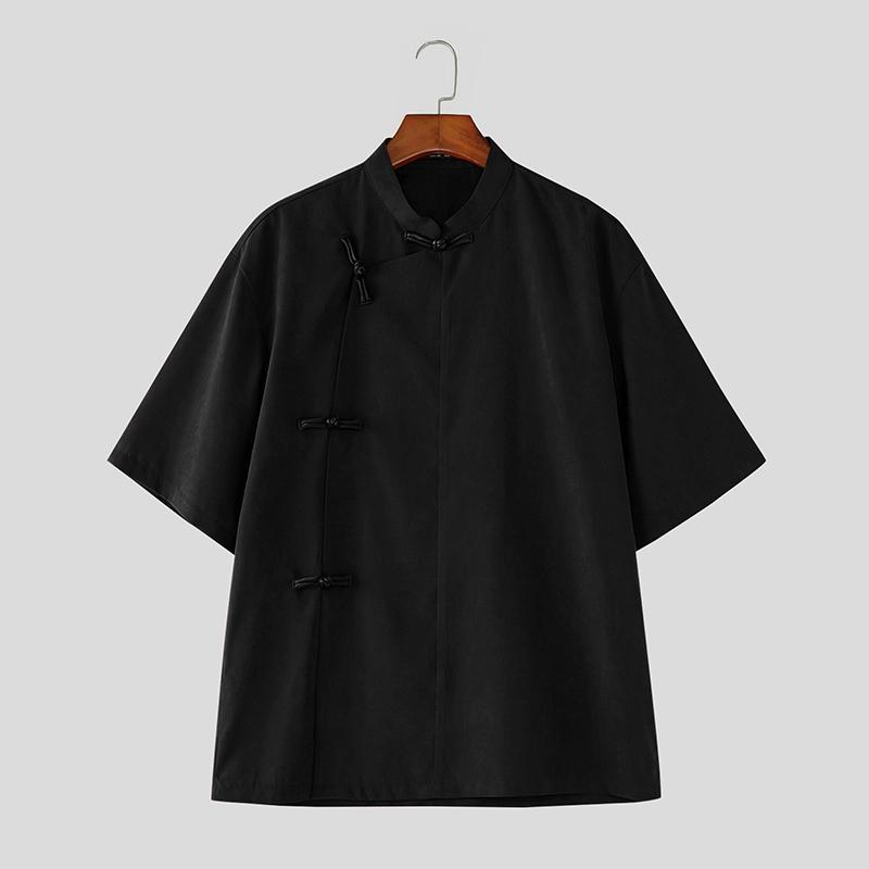INCERUN Vintage Men Summer Stand Neck Short Sleeve Side Buttons Casual Traditional Style Shirts