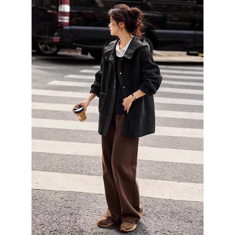 MOHANIMEI Korean Style Faux Lamb Wool Patchwork Hooded Jacket