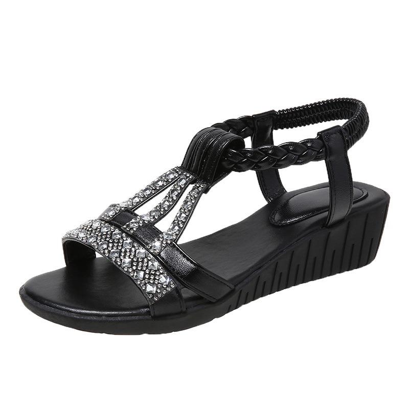 Summer New Flat-bottomed Rhinestone Fish Mouth Sandals Women's Large-size Women's Shoes