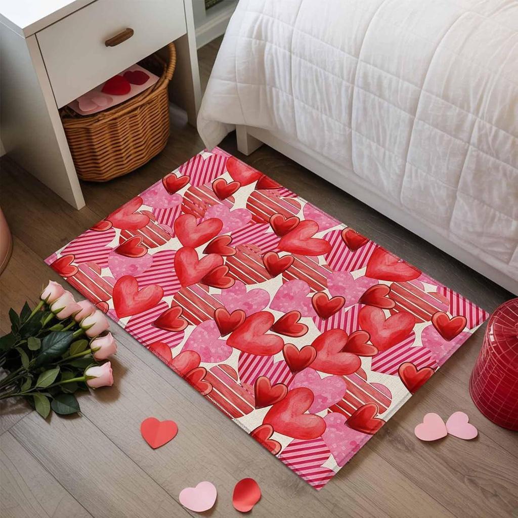Pink Heart Door Mat Y2K Sweet Cute Plaid Heart Pattern Rug Non-slip Water Absorbent Home Decor Floor Mat for Valentine's Day