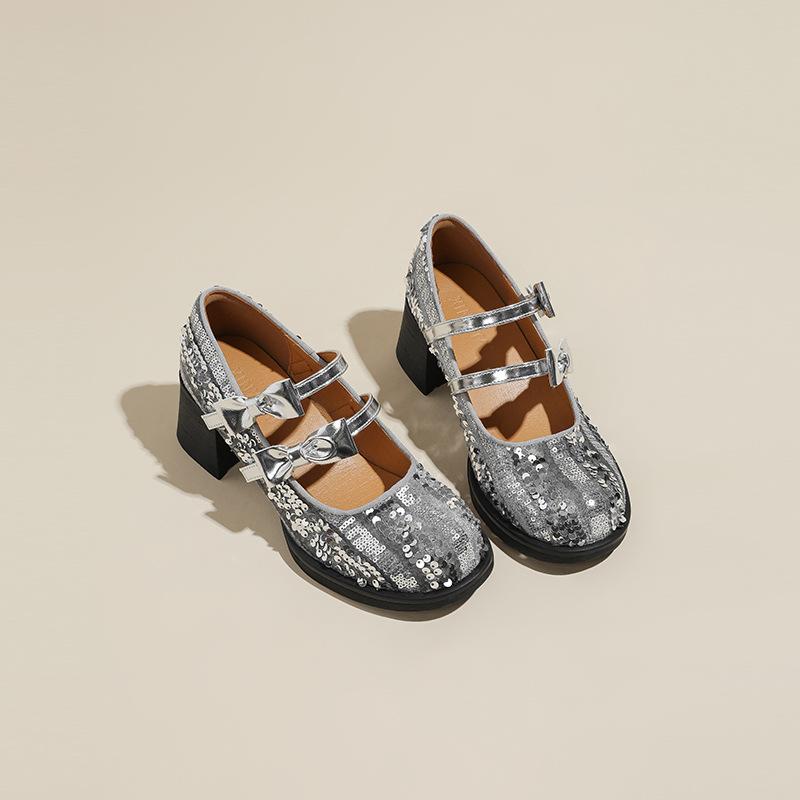 

High-heeled Mary Jane women s shoes 2025 spring and autumn new round head thick heel butterfly sequins light mouth word with black single shoes 40