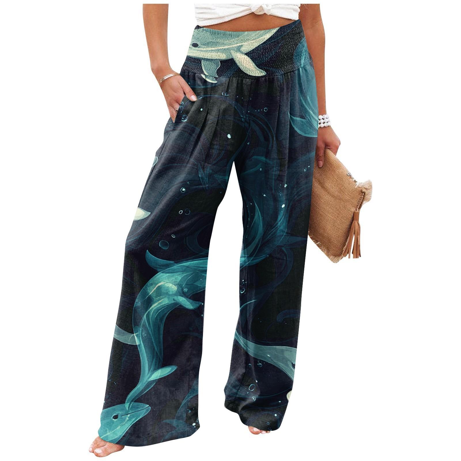 

Женские летние свободные брюки из хлопка и льна с эластичным поясом и пляжным принтом M