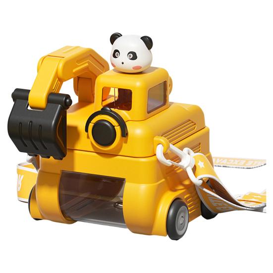 Excavator Water Bottle for Kids 500ml Leak-Proof Cartoon Cup with Wheels Adjustable Strap