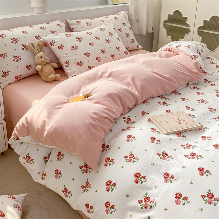Korean Retro Floral Bedding Set 100% Washed Cotton Bed Sheets Set Soft Duvet Cover Bed Linen Pillowcase Single Double Queen King