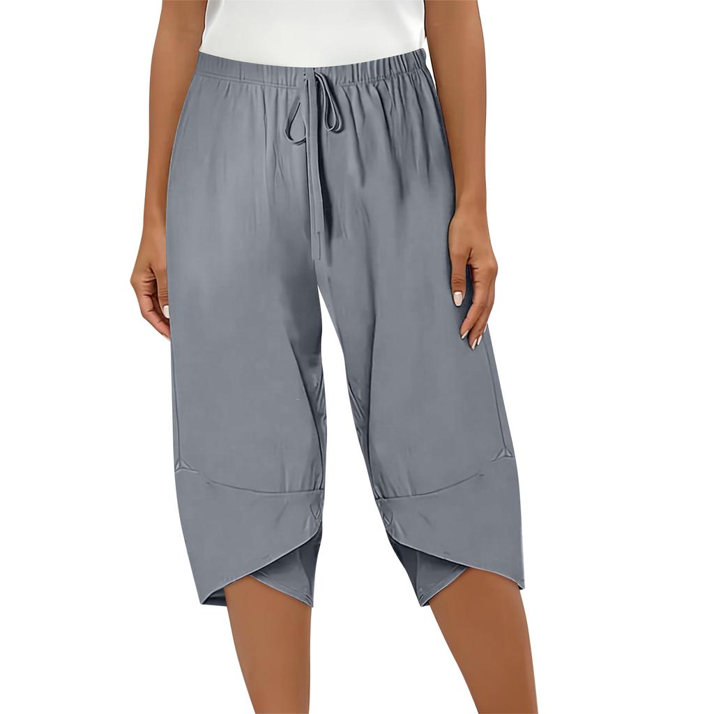 Damen Elastische Hohe Taille 3/4 Hose Lässige Passform Weite Capri-Hosen mit Taschen