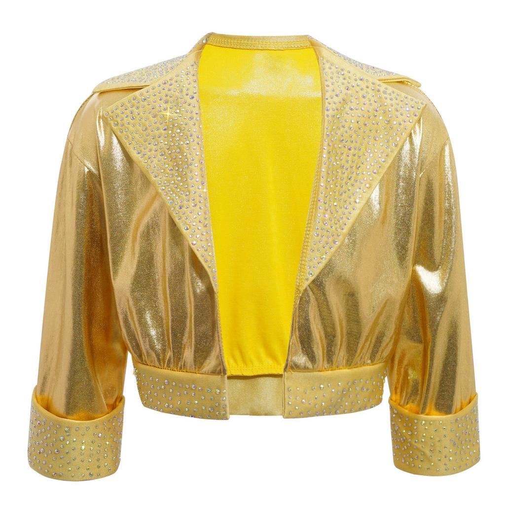 Mädchen Reverskragen Langarm Glänzende Strasssteine Metallische Jacke Jazz Dance Oberbekleidung