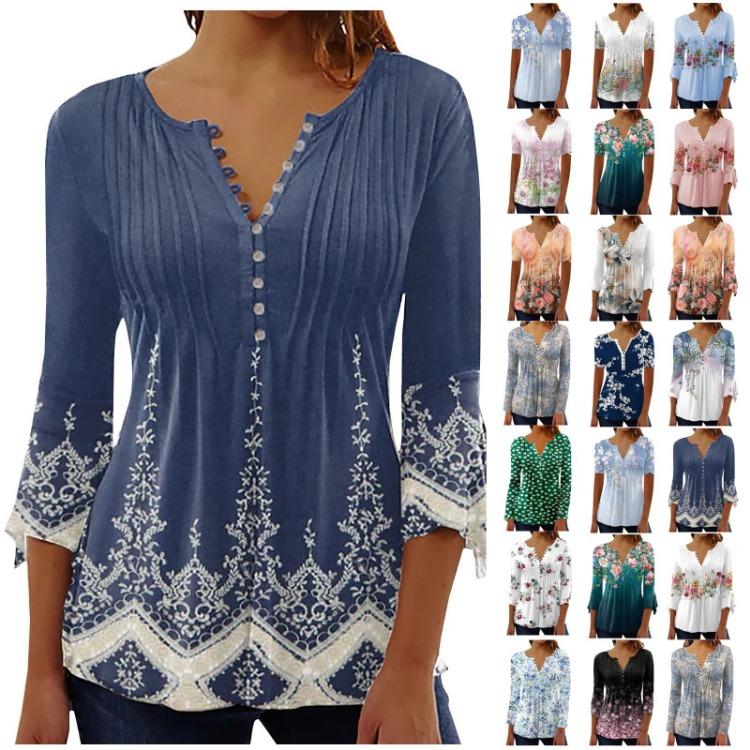 

Floral Print V Neck Ladies Button T Shirt Short Sleeve Top S зелений