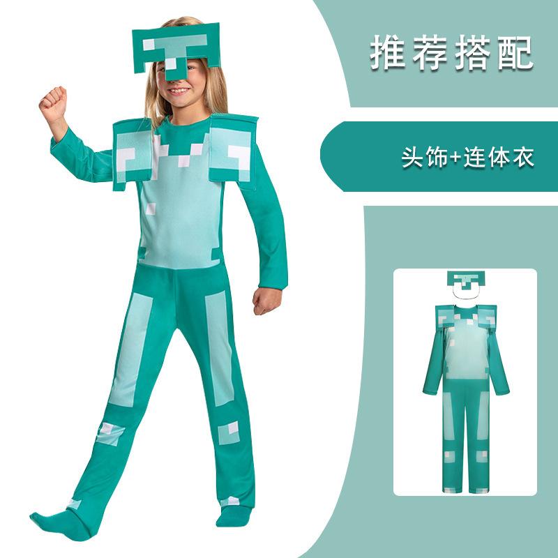Kids Cosplay Diamond Armor Game Character Steve Cosplay Costumes 3 Pieces Set Blue Outfits Dress Up Set for Halloween