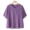 Women Floral Embroidery V-neck Blouse Half Button Short Sleeve Casual Loose Fit Top