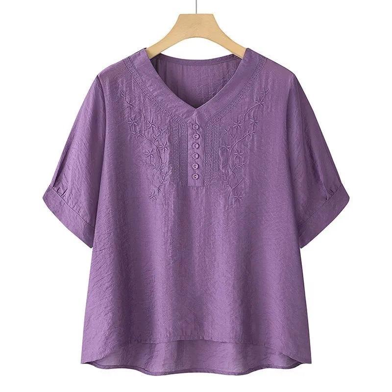 Women Floral Embroidery V-neck Blouse Half Button Short Sleeve Casual Loose Fit Top