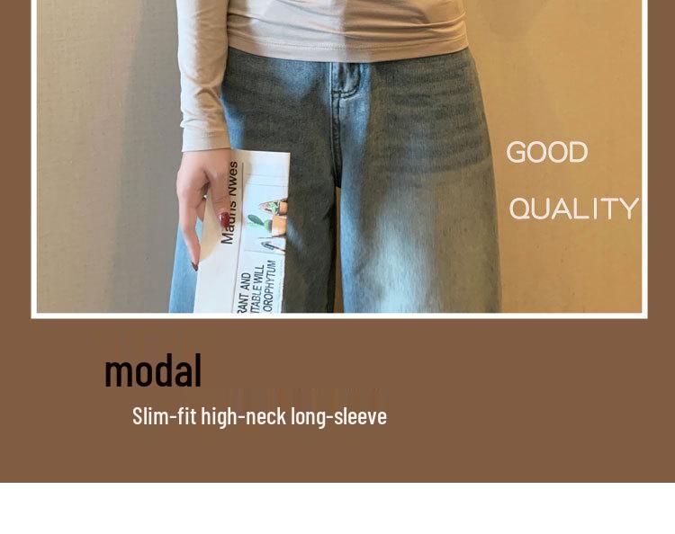 Dámský černý modální top s dlouhým rukávem, slim fit, rolákový základ pro jaro, podzim, zimu 2024.