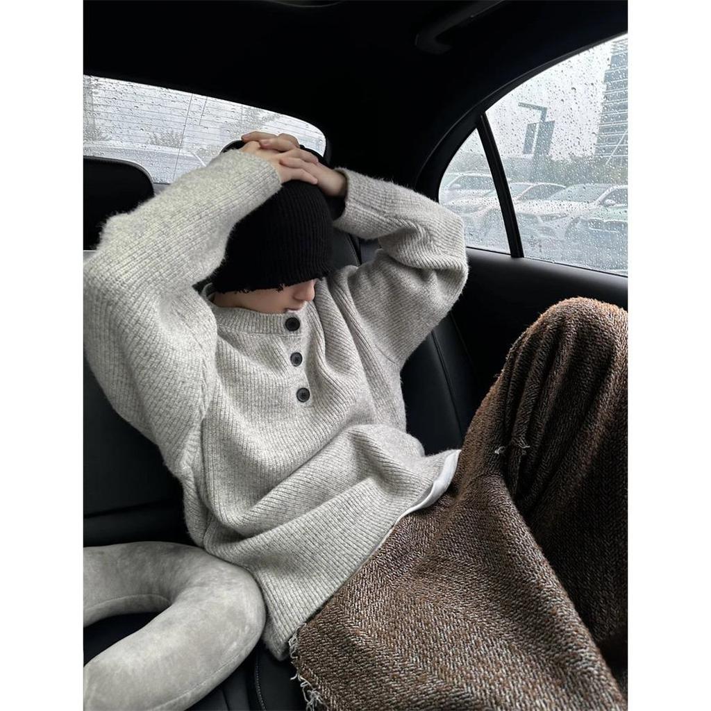 Men's Gray Retro Henley Sweater - Winter Knitwear, Lazy Style, Cleanfit Outerwear
