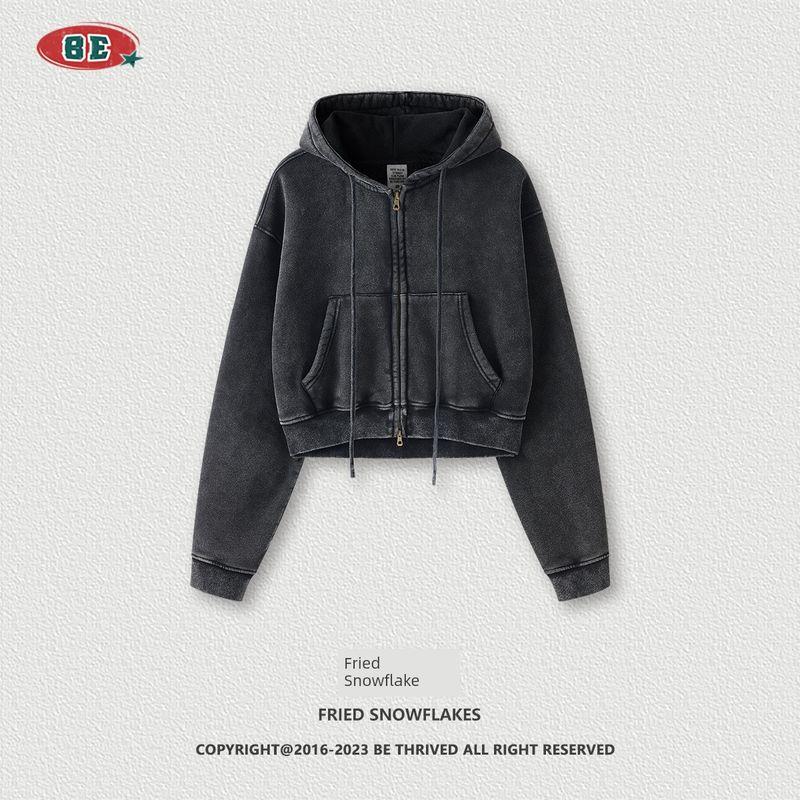 

Trendy Retro Washed Sexy Cropped Hoodie Fall and Winter Women s Fleece-lined Thickened Casual Zip Coat Cardigan Fried snowflake S