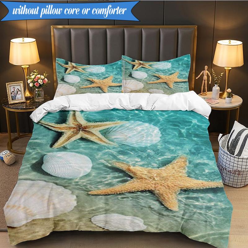 3PCS Ocean Starfish Shells Bedding Set,Including 1pc Duvet Cover And 2pcs Pillowcases Perfect for Bedroom, Dormitory, Fan Christmas gift