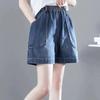 Spring Summer Elastic Waist Denim Shorts Women Casual Wide Leg Pocket Shorts