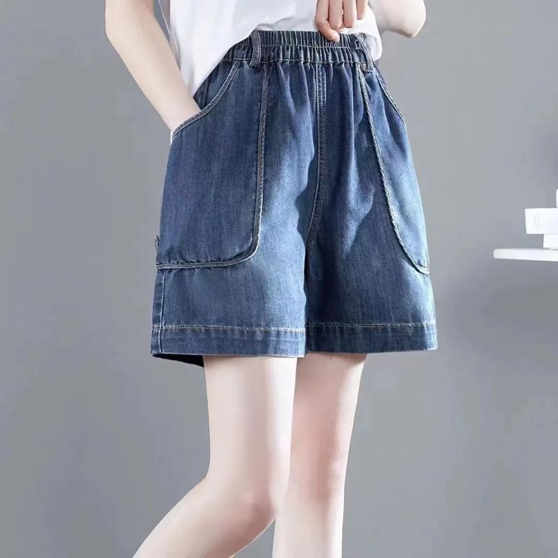 Spring Summer Elastic Waist Denim Shorts Women Casual Wide Leg Pocket Shorts