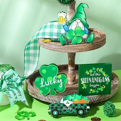 St. Patricks Day Ornament Wooden Shamrock Faceless Dwarf Shape Thick Clear Print Irish Day Holiday Home Office Desktop Decoration Ornament