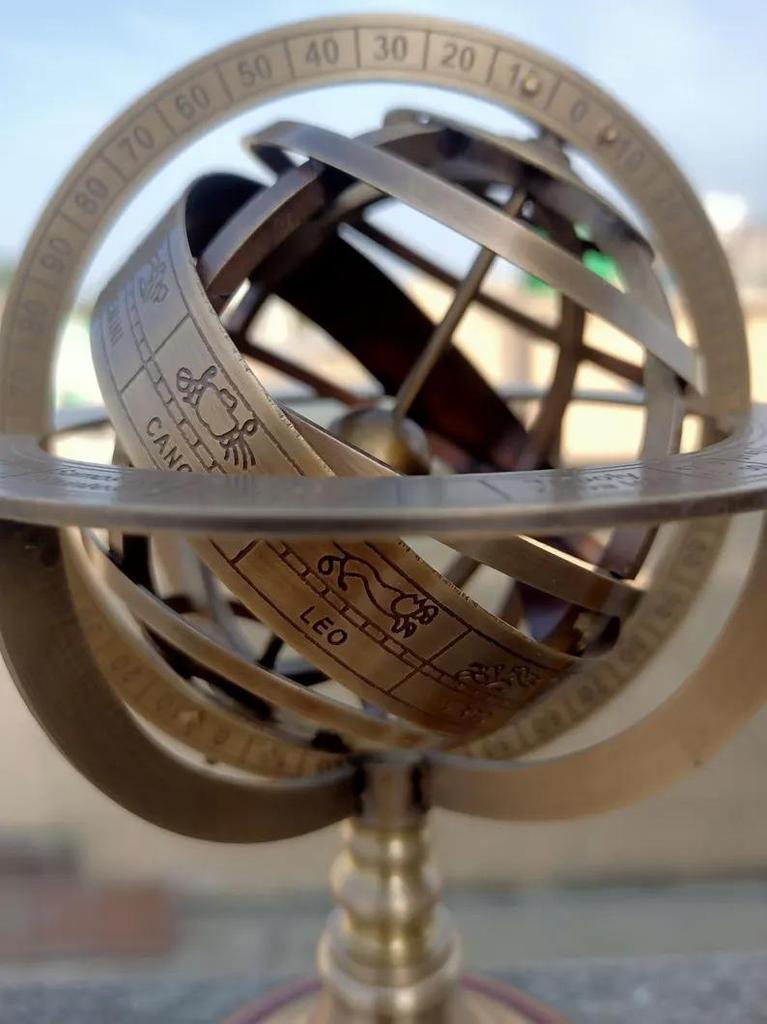 Antique Brass Armillary Sphere Globe On Wooden Stand – Nautical Desk Decor & Vintage Home Decoration