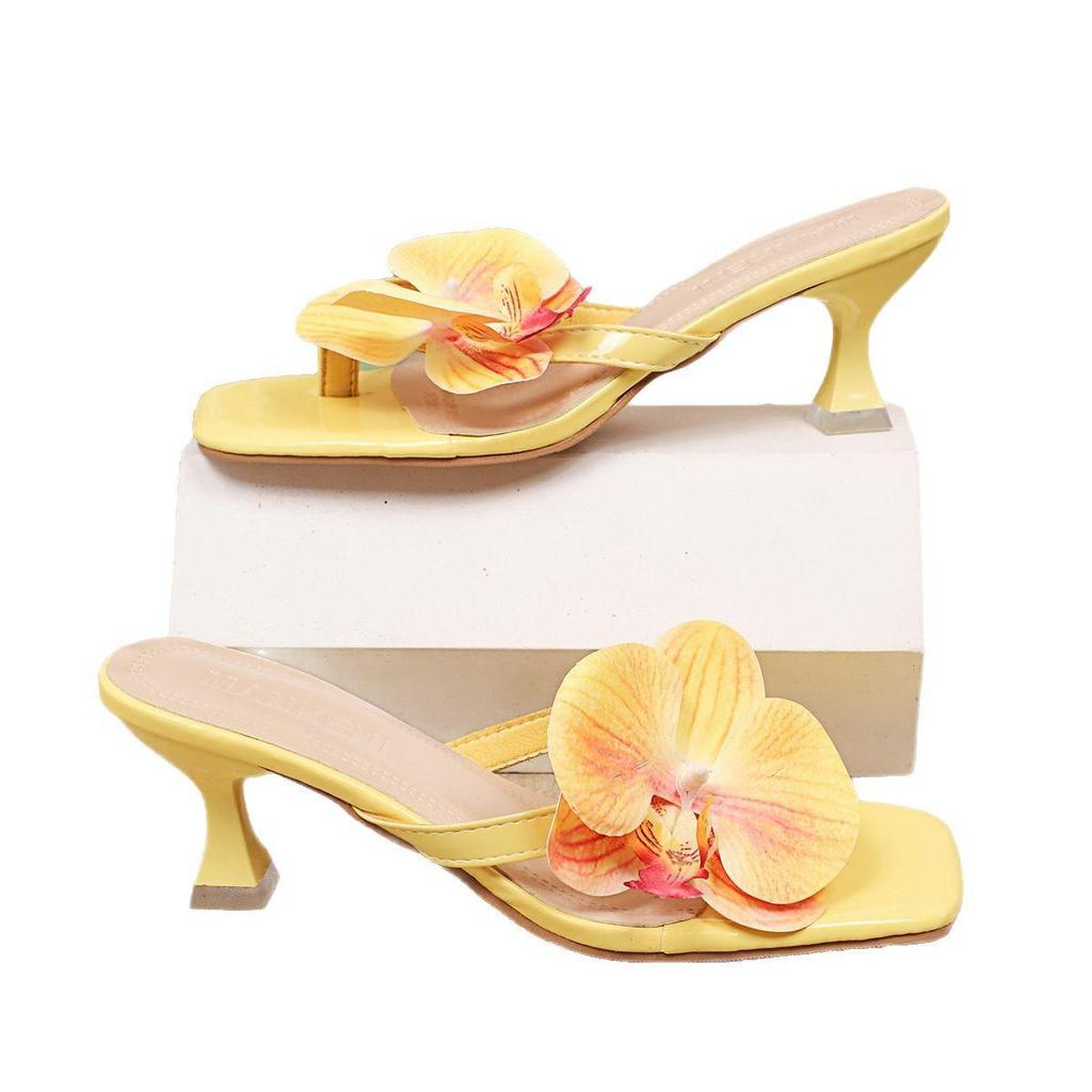 Women's Floral High-Heeled Sandals, 2025 Summer New Arrival, Niche Design, Square Toe, Thin Heel, Flip-Flop Style.