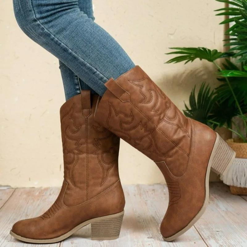 Fashion 2025 New Ladies Shoes Slip-on Women's Boots Fashion Embroidery Modern Boots Women Hot Sale Round Toe Mid-Calf Shoes Womenzapatos