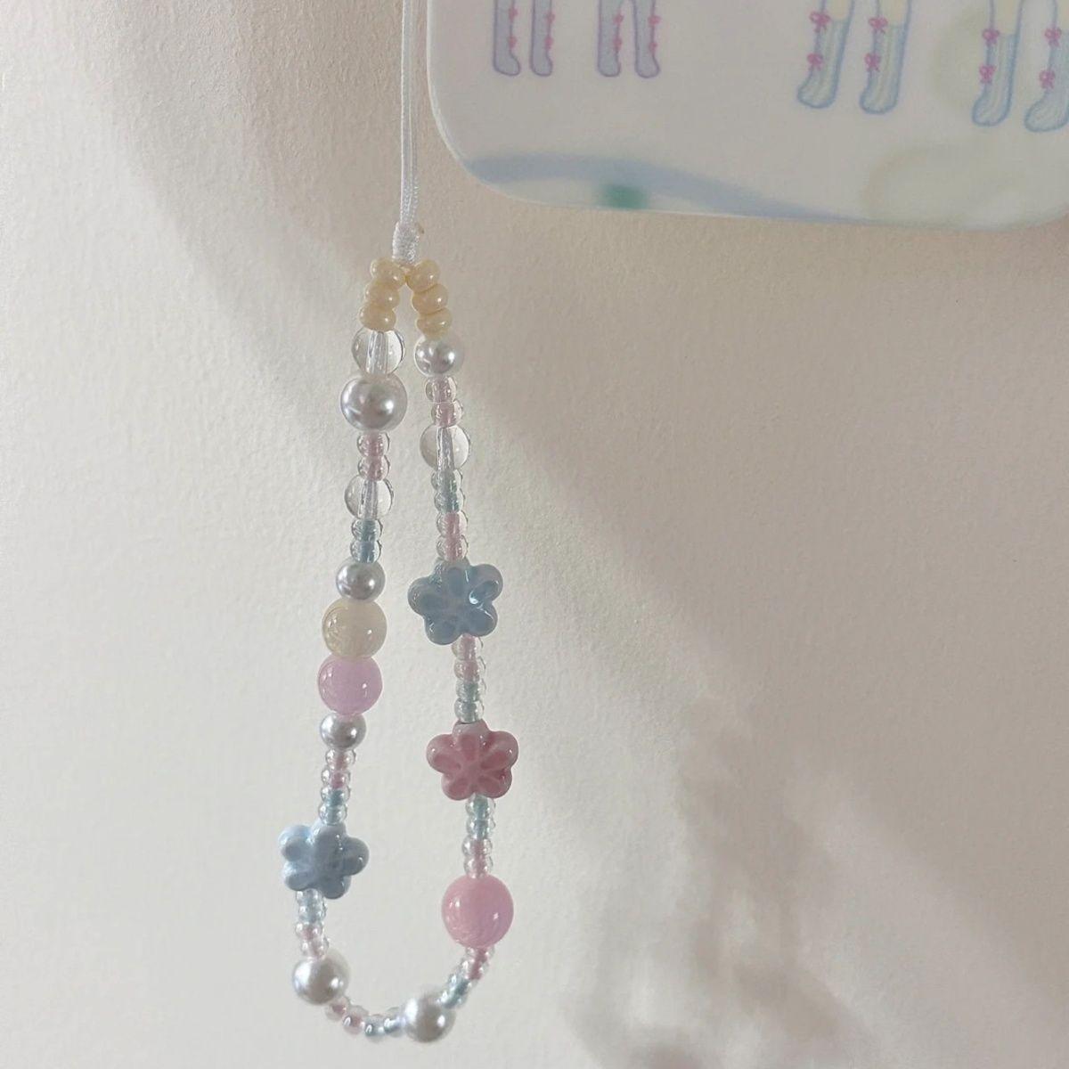 Cute Hanging Ornament Ceramic Blue Pink Cherry Blossom CCD Camera Lanyard Phone Chain Accessory DIY Advanced Beads Ceramic Pink Blue Sakura