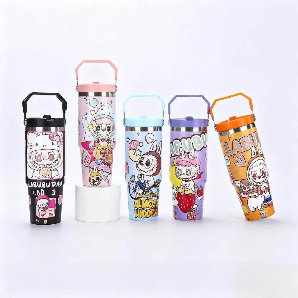 Κινούμενο σχέδιο 30oz Κύπελλο Αυτοκινήτου Εξωτερικού Χώρου 304 Ανοξείδωτος Θερμός Κύπελλο Μονό Ποτό Χειρολαβή Καλαμάκι Κύπελλο Bingba