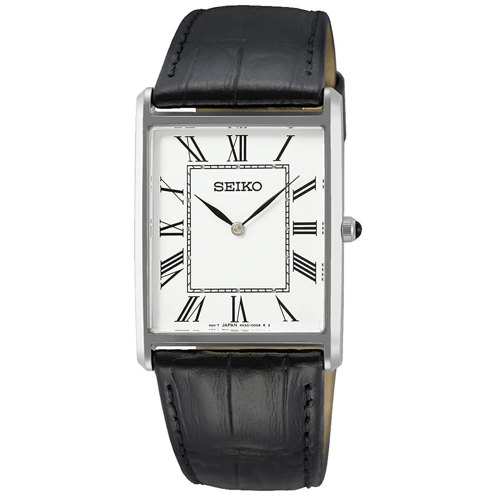 Seiko Men s Square Design Quartz Watch White Dial Black Leather Band