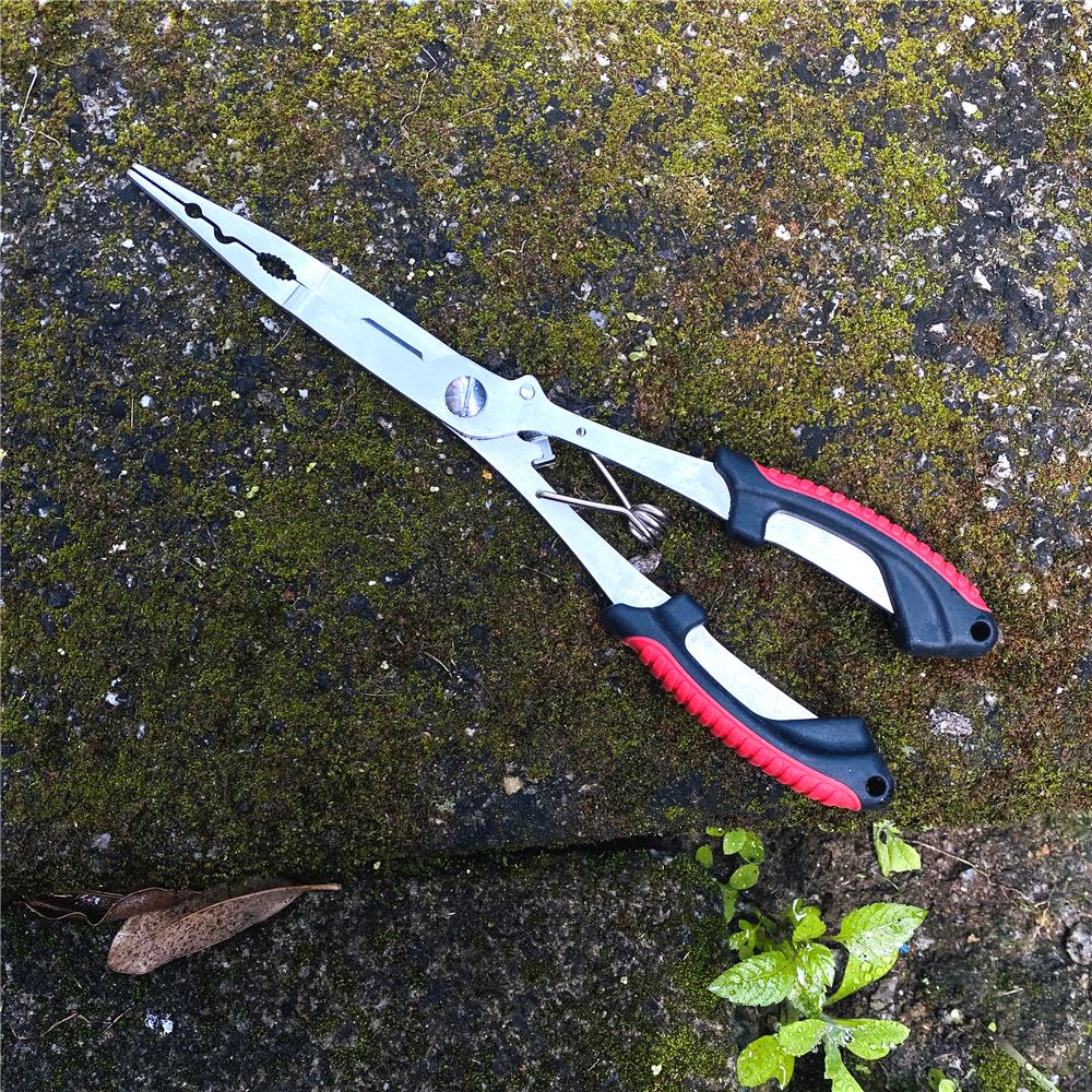 Long Nose Multifunctional Fishing Pliers: Lure, Fish Mouth Clamp, Hammer, Line Cutter, and Hook Control Tool.
