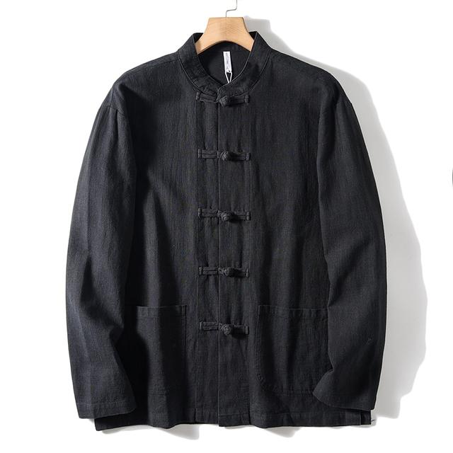 

Мужская повседневная однотонная рубашка в китайском стиле высокого класса из камвольного материала рами с воротником-стойкой и пуговицами, рубашка с длинным рукавом XL