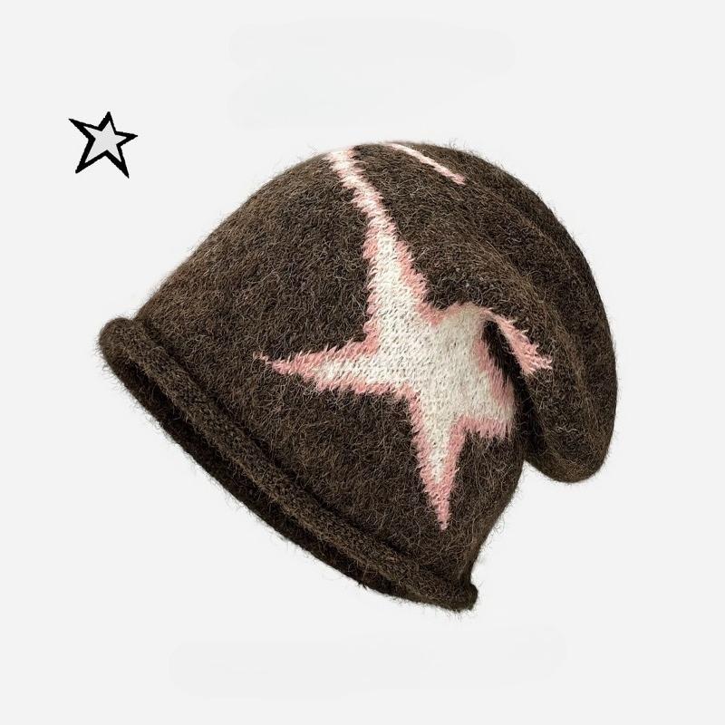 Korean Retro Pentagram Pulling Craft Beanies for Women Autumn Winter Fashion Warm Ear Protection Versatile Casual Pullover Hat