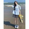 College Style Blue Short-sleeved Shirt Women's Summer New Korean Sweet Loose Shirt Pleated Top