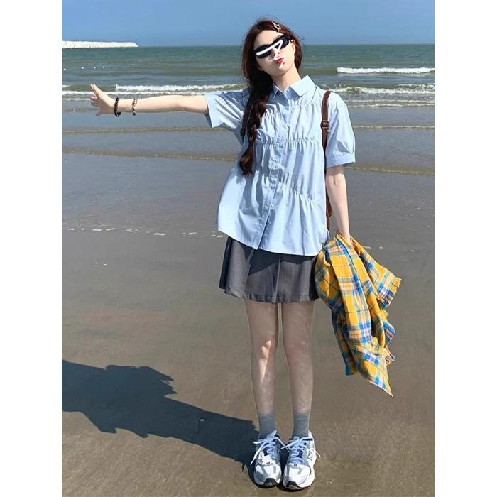 College Style Blue Short-sleeved Shirt Women's Summer New Korean Sweet Loose Shirt Pleated Top