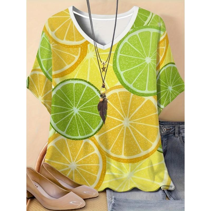 Summer Women s Large Size Short-sleeved T-shirt Fresh Lemon Green Orange Slice Pattern 3D Digital Printing V-neck Top Large S