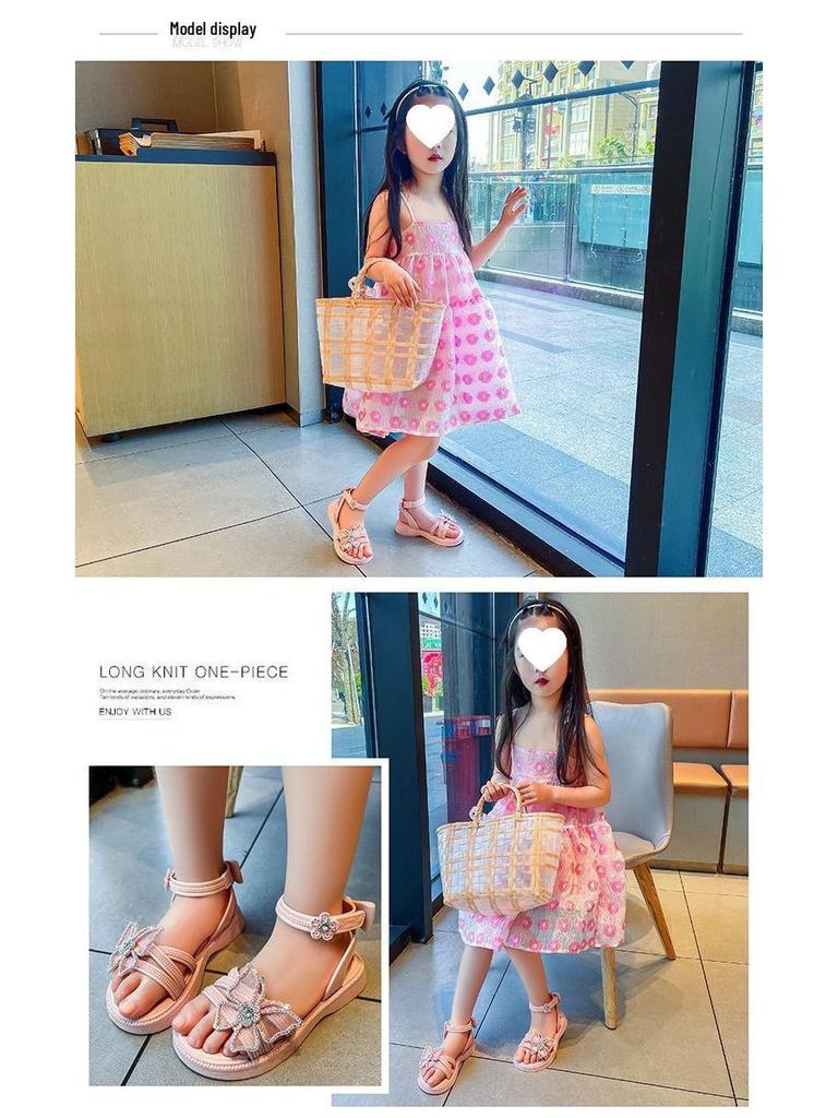 2025 Summer Rhinestone Bow Sandals for Girls - Casual Soft Princess Shoes for Little and Big Kids