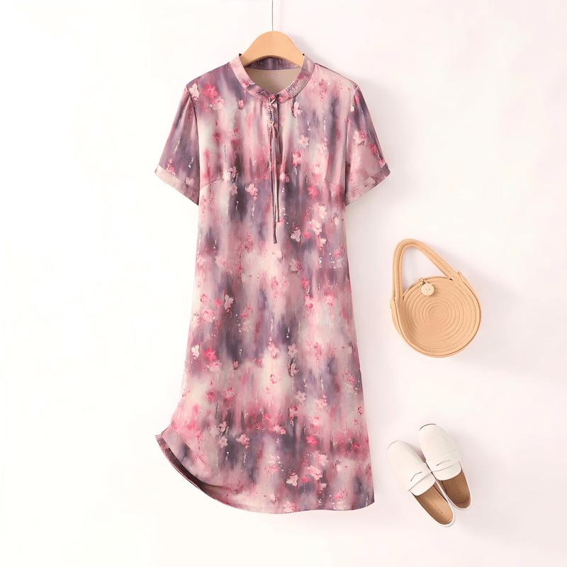 Yuzhaolin New Chinese Style Printed Short Sleeve Summer Dress for Women 3XL