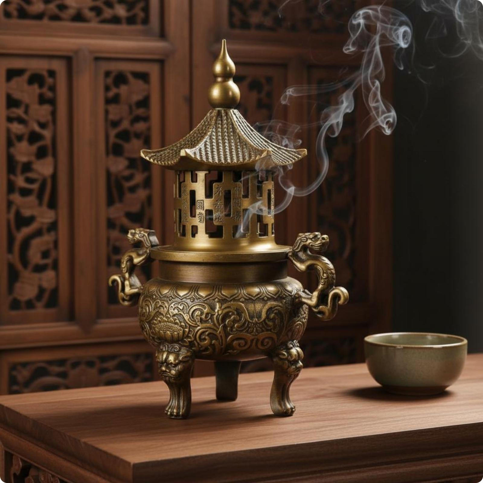 Brass Incense Burner Embossed Relief Pagoda Holder Openwork Home Decor for Altar, Display