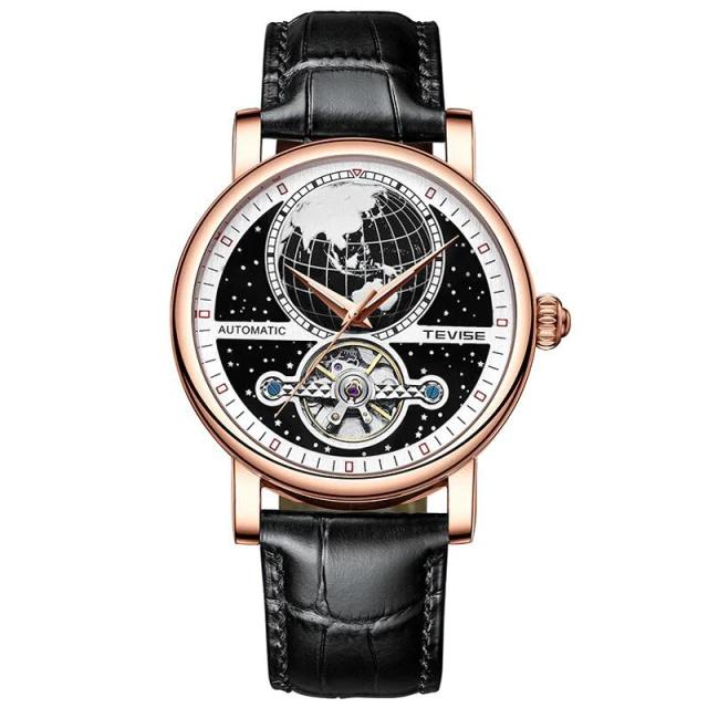 

Часы TEVISE Tourbillon, светящиеся механические часы со скелетом, мужские часы, водонепроницаемые часы из натуральной кожи розового золота/чёрный