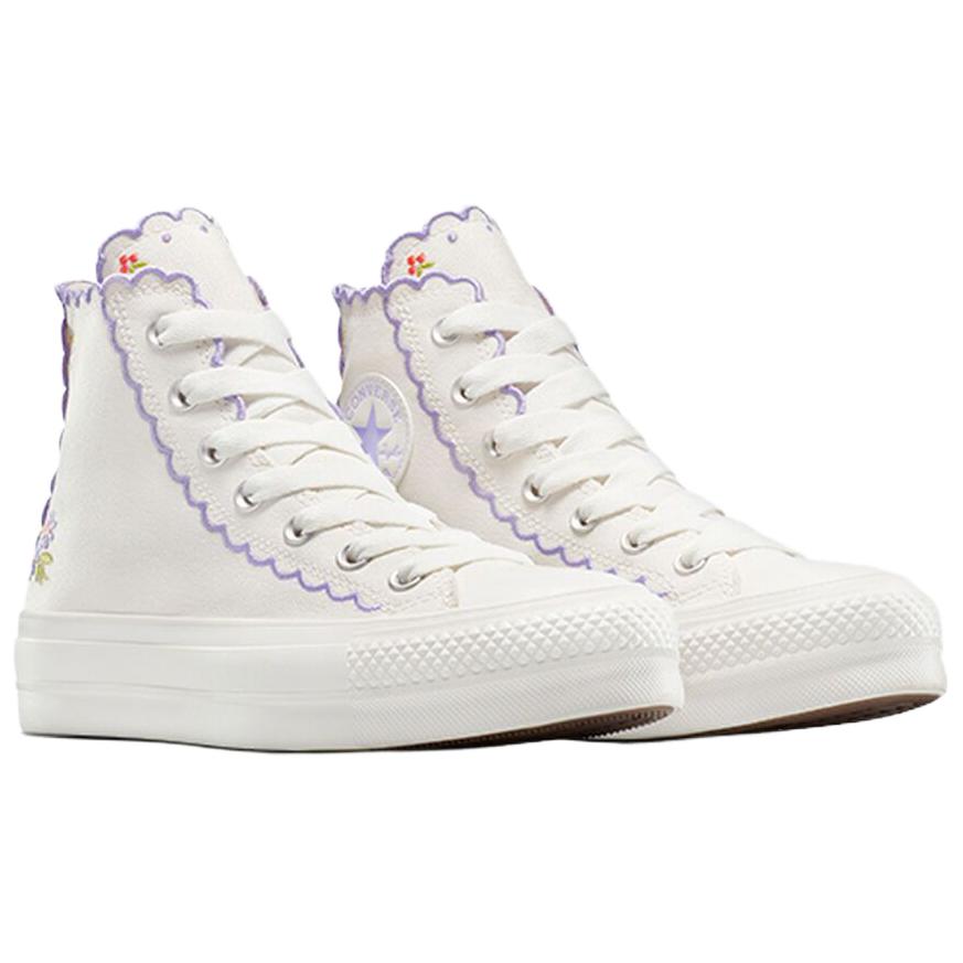 Converse Chuck Taylor All Star Lift Platform High Scalloped Edges Embroidered Flowers Women Sneakers White Vintage-White Violet-Heat A13528C