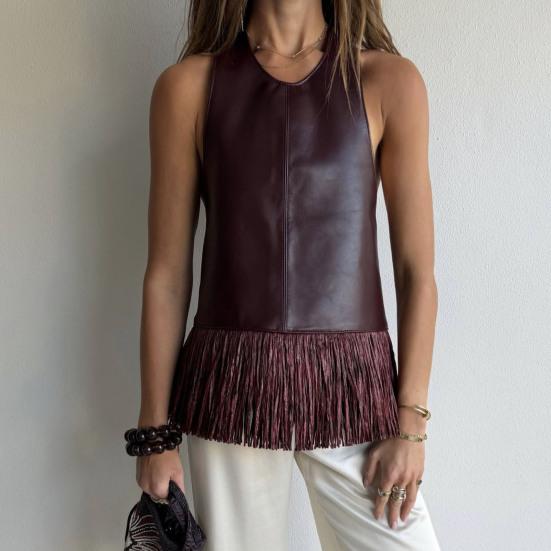 Dámský crop top s třásněmi z umělé kůže, na šňůrku za krk, bez zad, bez rukávů, na večer s třásněmi, sexy klubové, rave, koncertní oblečení