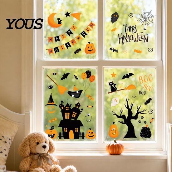 Halloween Bat And Castle Decals 4 Sheets Electrostatic Glass Stickers, Cartoon Pumpkins Bats Window Q-version Decorations PVC Waterproof Static Clings