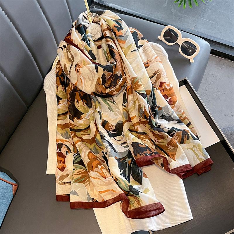 New Spring Women Cotton Scarf Beach Hijab Shawls and Wraps 2025 Luxury Brand Flower Female Foulard Echarpe Designer Bandana