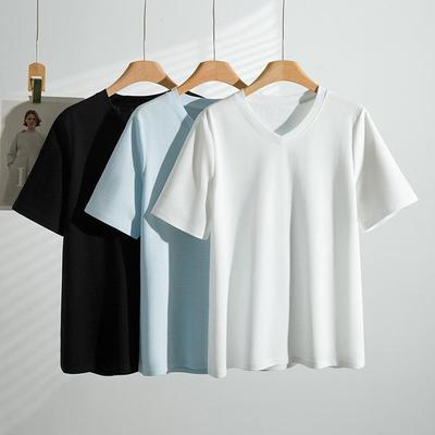 2026 Summer Women's Plus Size V-Neck Solid Short Sleeve: Loose, Slimming, Versatile & Stylish for 300 Jin Fat MM