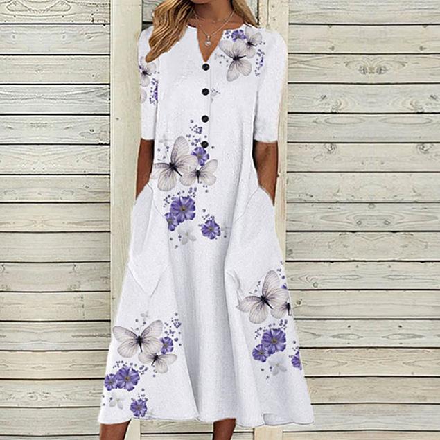 Floral Print V-Neck Mid-Sleeve Casual Dress with Pockets, Button Front, Loose Fit - White/Light Blue/Pink