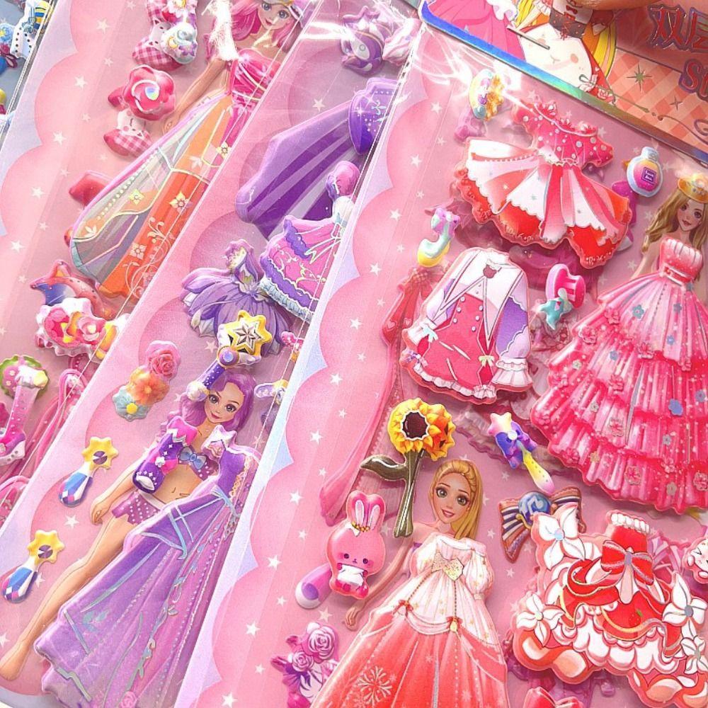 2 Sheets/Bag Decorative Princess Dress Up Sticker Cartoon 3D Puffy Stickers  Children
