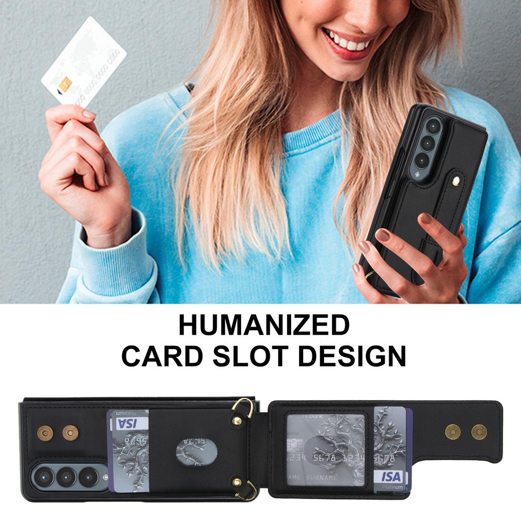 For Samsung Galaxy Z Fold4 5G Case Kickstand Card Slots Leather Coated TPU Cover with Shoulder Strap