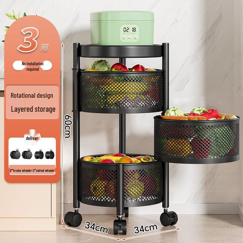 Drehbarer Multifunktionaler Küchenwagen mit Rädern - Bodenstehendes Mehrschichtiges Lagerregal für Snacks, Obst und Gemüse