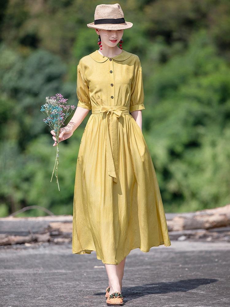 

Lace-up waist solid color cotton and linen dress for women s 2025 spring and summer new lapel five-quarter sleeve temperament long skirt 2XL жовтий
