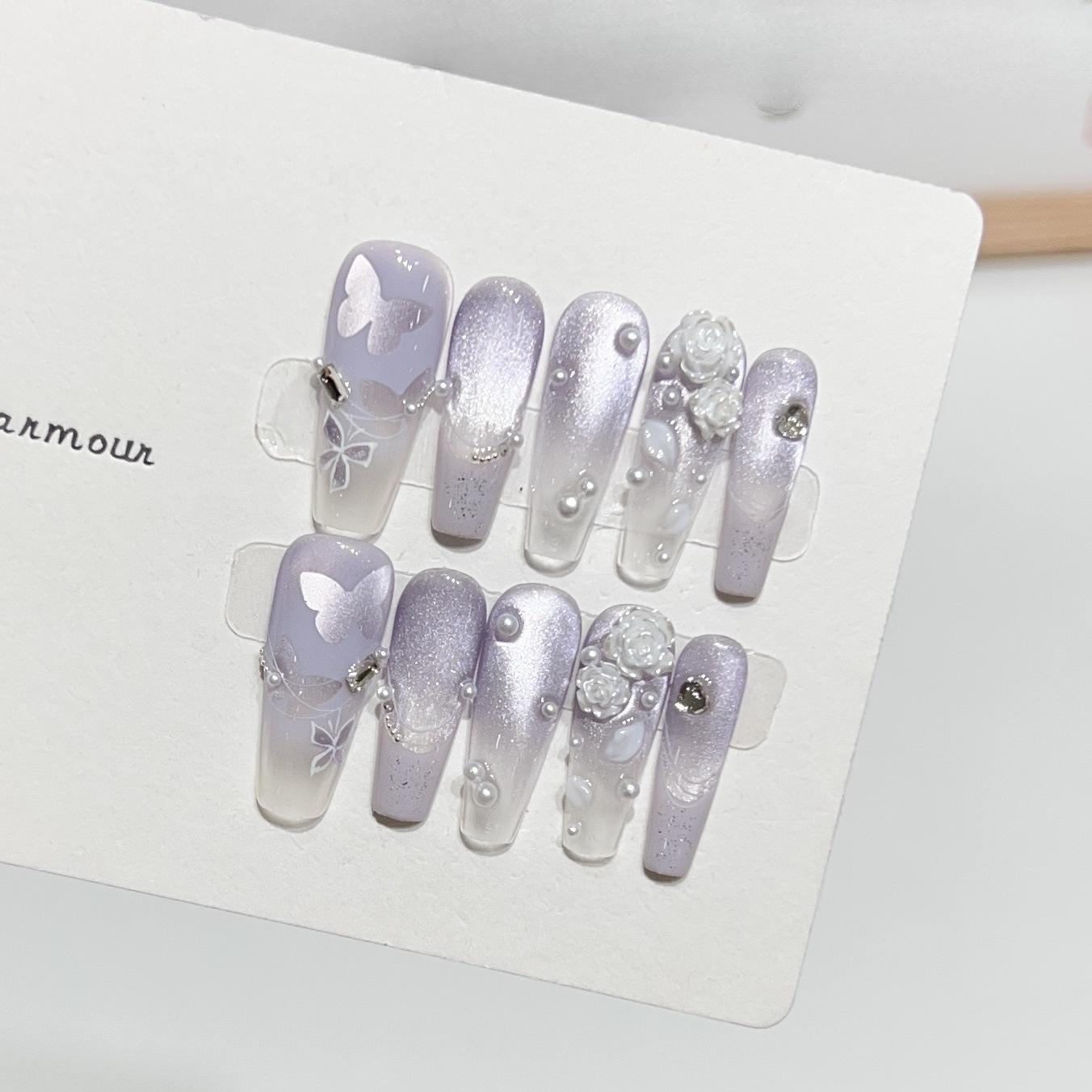 

Фиолетовый Романтичный Французский Ношение Доспехов Продвинутый Амбиент Маникюр с Бабочками Хайлайт Кошачий Глаз Накладной Патч для Ногтей Съемный Extra Small XS