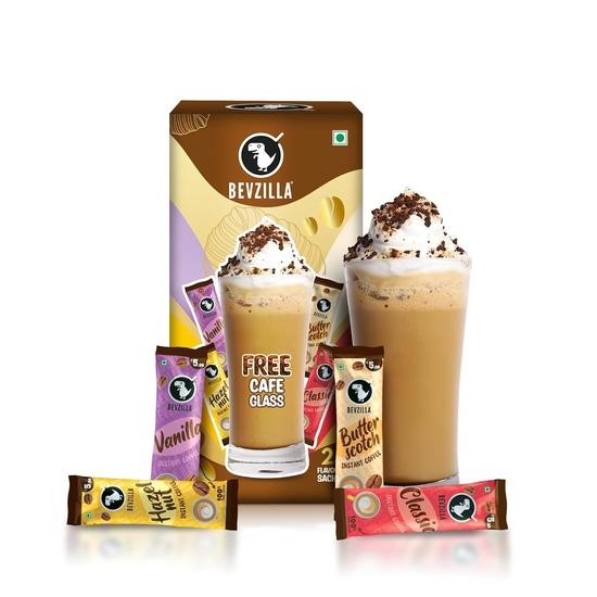 

Bevzilla Premium Glass & 25 Flavoured Coffee Sachets/Pouch Box | Butterscotch, Classic, Vanilla & Hazelnut Flavour | Preimum Gift Box